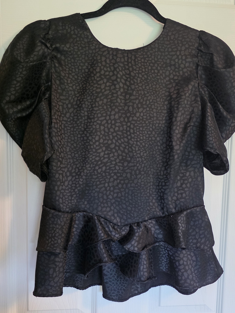 Black Ruffle-Hem Puff-Sleeve Blouse